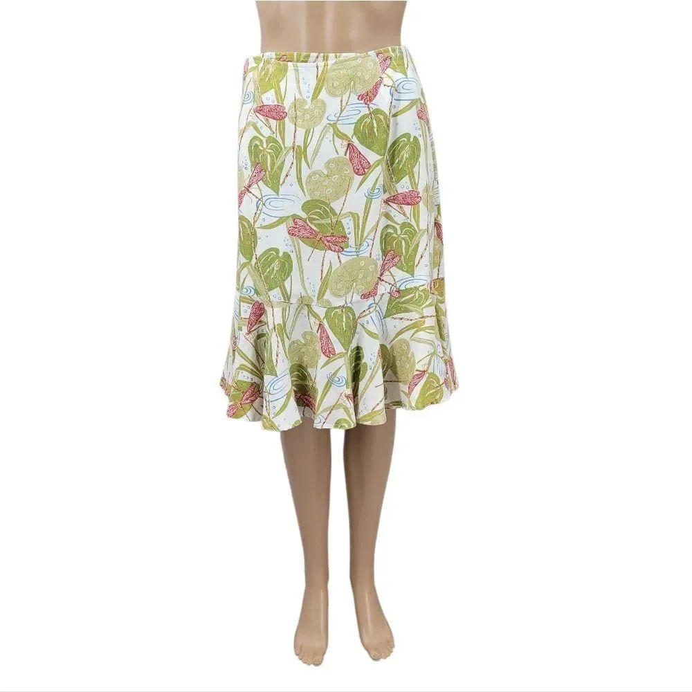 ISDA & Co Linen Midi Wrap Skirt Ruffle Flounce Hem Dragonfly Lily Pad Print
